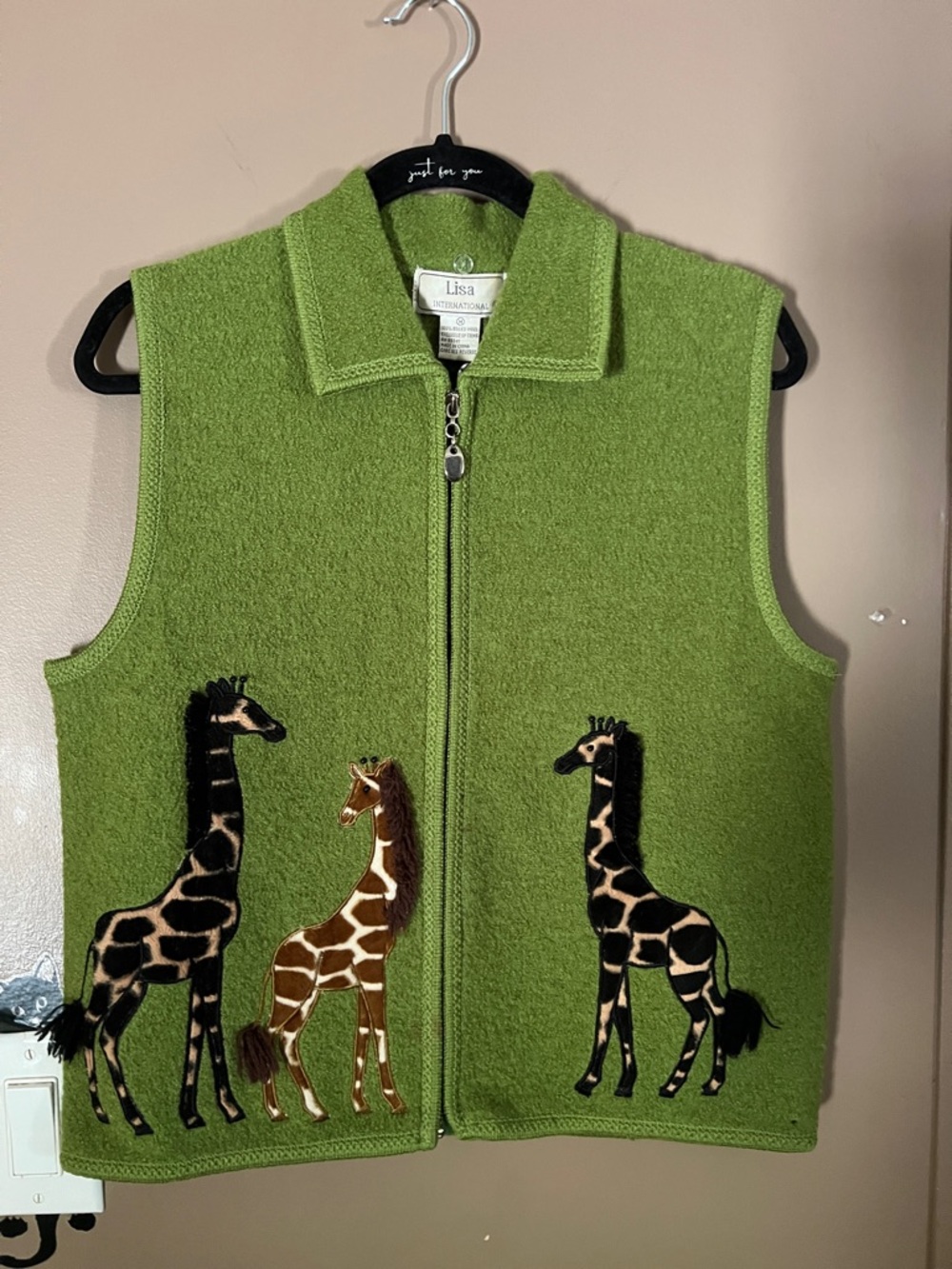 Lisa International Green Fleece Vest with Giraffe Appliqués